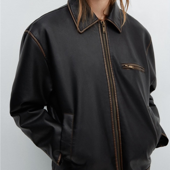 Mango Worn Leather Effect Jacket - Picture 4 of 9